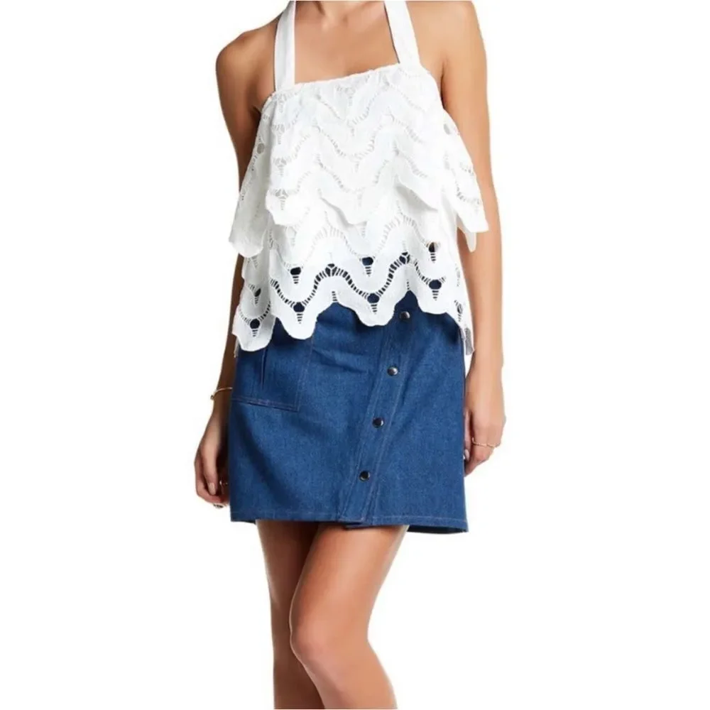 JOA Los Angeles Blue Denim Snap Front A-Line Mini Skirt Sz L NWT